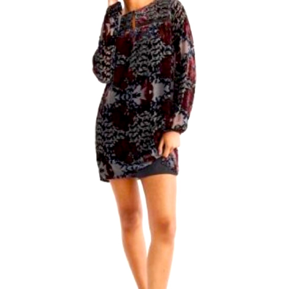 Abercrombie Burnout Velvet floral Long Sleeve Tunic Mini Dress.XS No slip